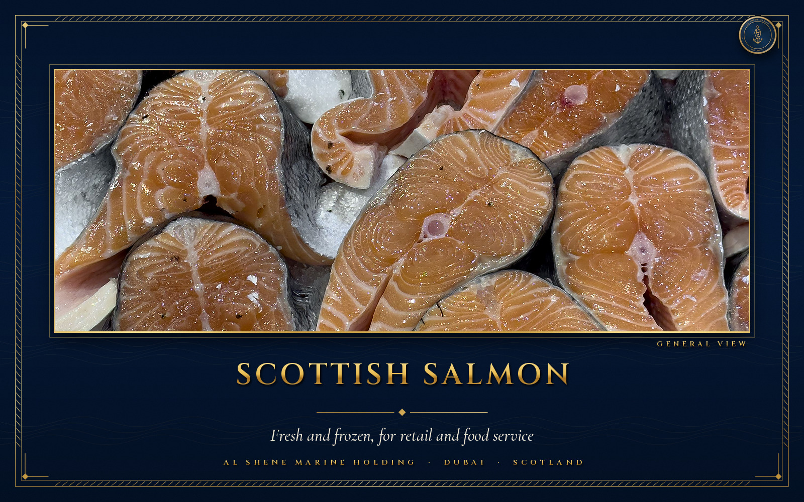 General view: rows of raw salmon steaks on ice at a market. Stock photo framed in teal-navy and gold with the title "Scottish Salmon"