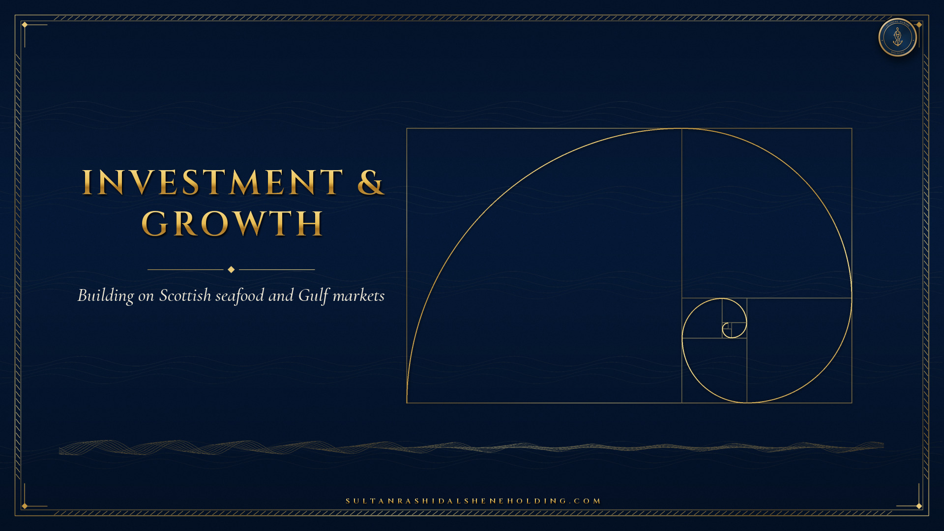 Code-drawn deep teal-navy and gold cover: golden-ratio rectangles with a gold spiral and a guilloche band, with the title Investment & Growth