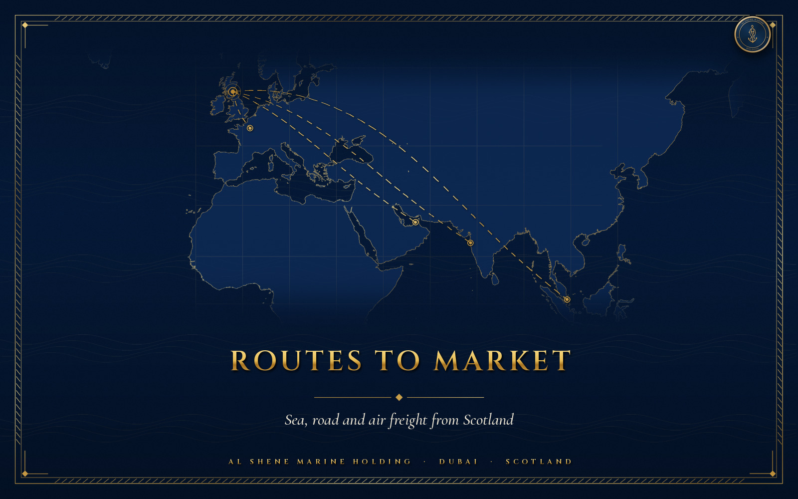 Code-drawn deep teal-navy and gold line map of Europe and Asia with dashed routes from Scotland to Europe, Dubai and East Asia